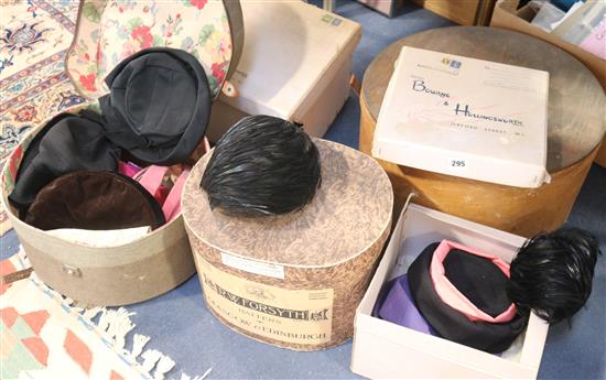 Collection of hats from 1940s and later in various Bourne and Hollingsworth and other hat boxes